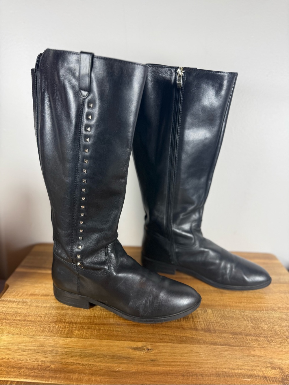 Marc Fisher Black Leather Riding Boot with Metal Studs Sz 10 Wide Calf